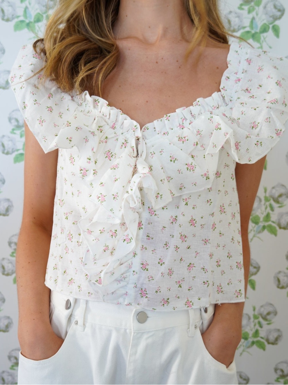 Olivaceous ditsy floral print linen cotton blend off the shoulder crop top